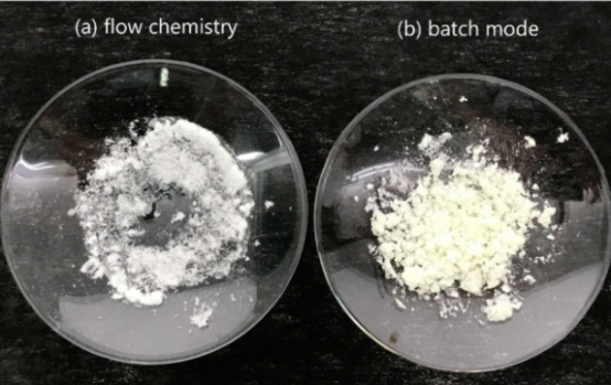 ( a ) 流動化學(xué)和 ( b ) 分批模式生產(chǎn)的 TNT 。流動化學(xué)樣品為白色，而批處理模式樣品因雜質(zhì)而呈黃色。