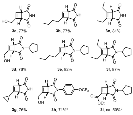 Figure 1 連續(xù)環(huán)丁烯合成的底物范圍；使用20mol%的噻噸酮； b 對二氧化硅不穩(wěn)定。